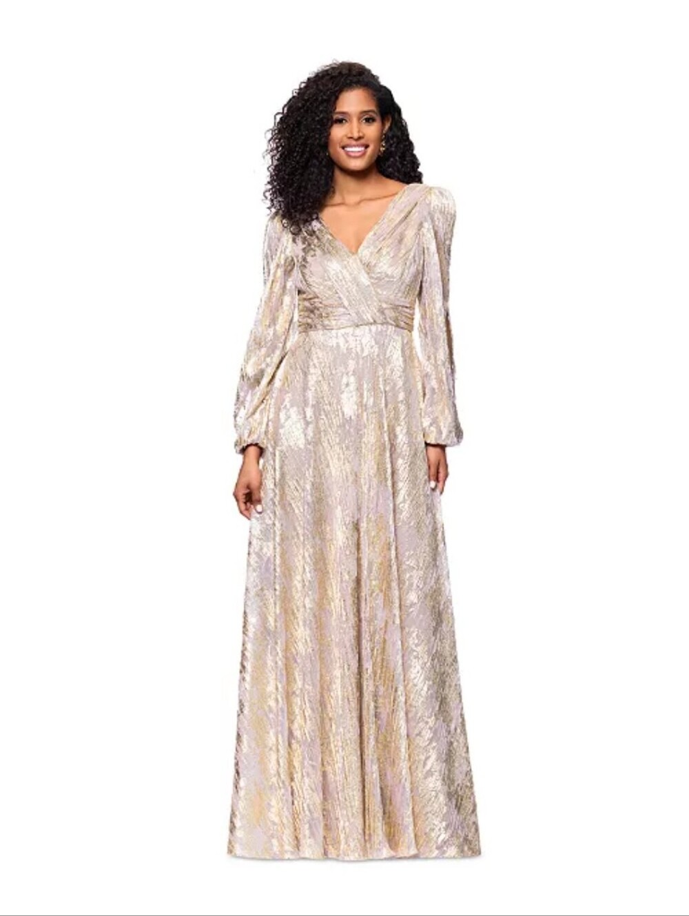 Betsy & Adam $289 Gold Metallic Long Sleeve Maxi Gown Dress Size 16 Statement